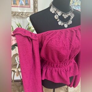 HYFVE OFF ON SHOULDER PEPLUM BISHOP SLEEVE RUFFLE SCOOP NECK BOHO TOP SZ M